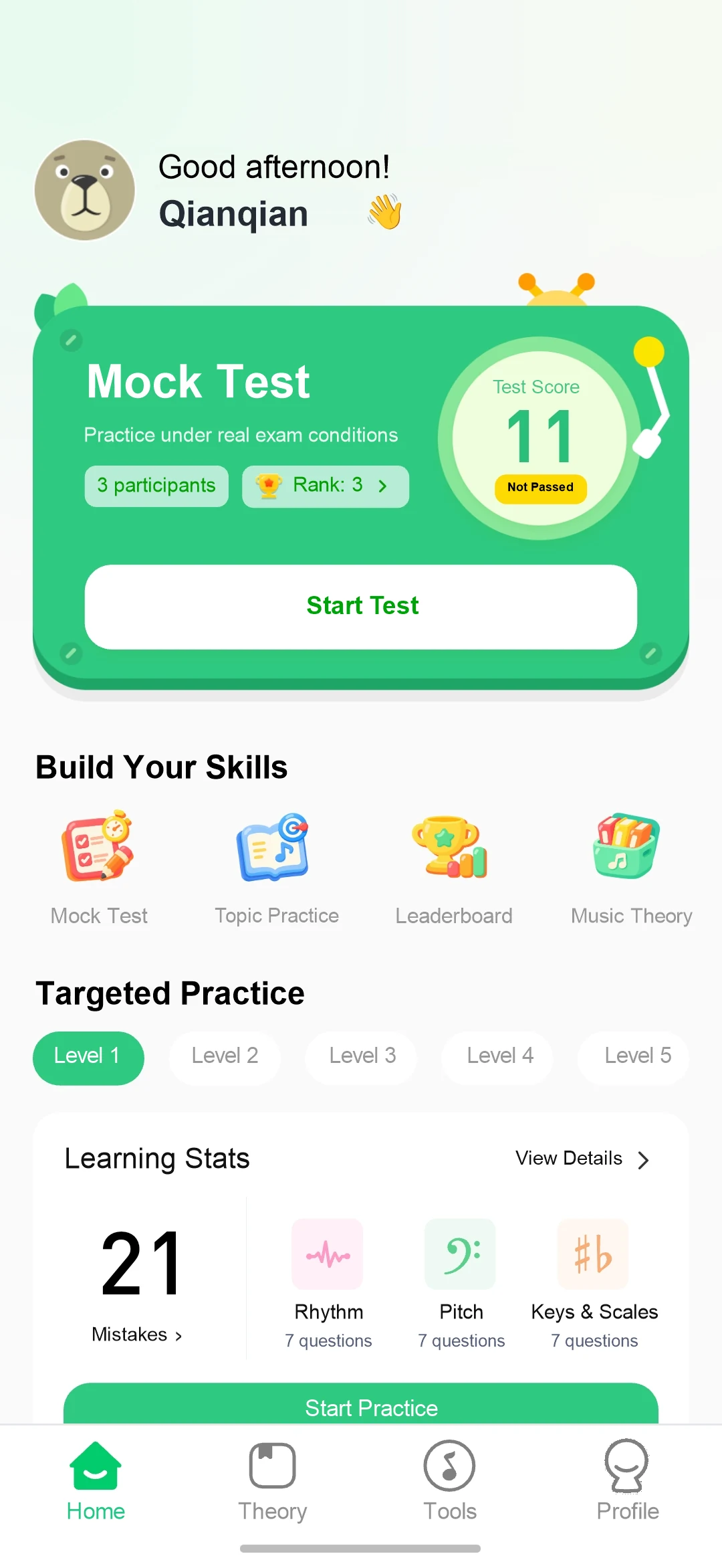 Music Lab home: mock exams and learning progress