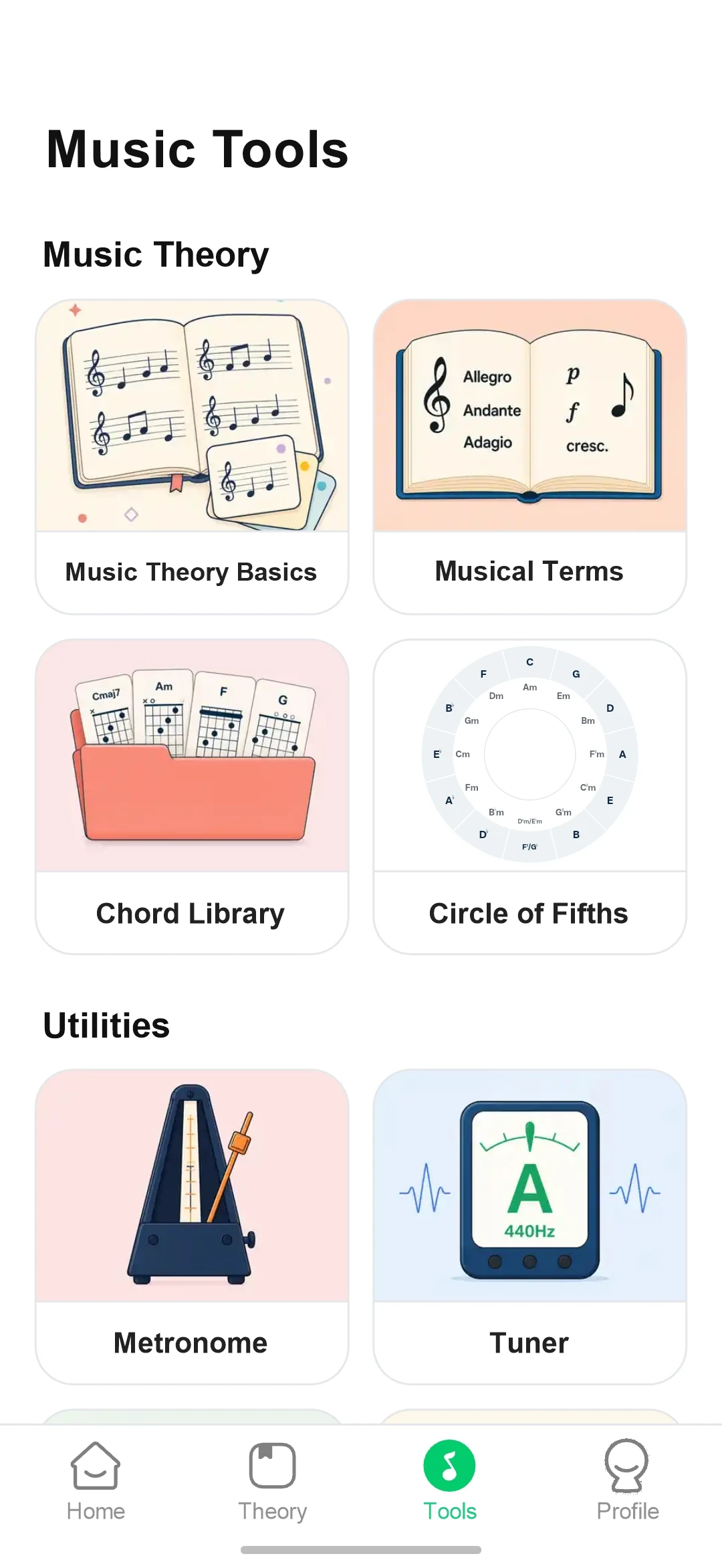 Music tools: theory, terms, chords, circle of fifths, and metronome